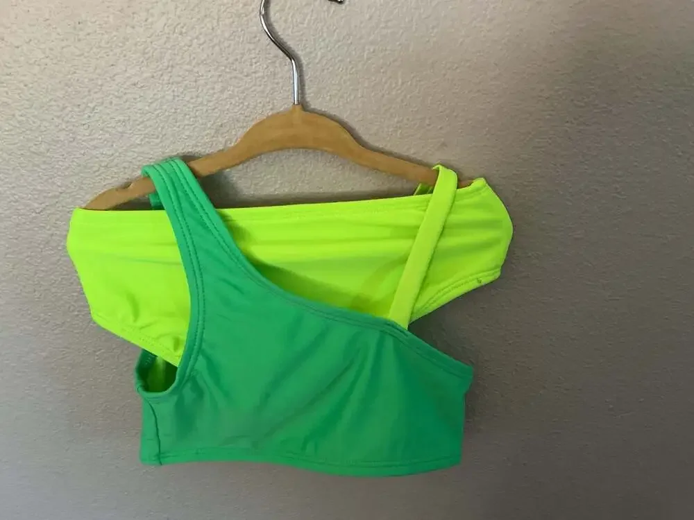 Cat & jack Girls' Two-Piece One-Shoulder Bikini Swimsuit Set, Neon Green/Yellow